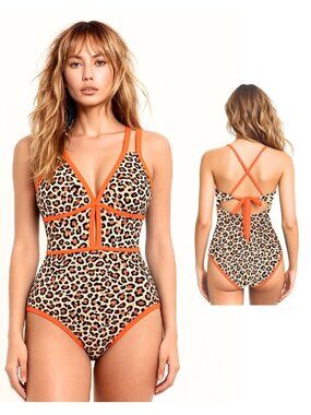 5.Neon Orange Brown Leopard Color Block Swimsuit with Slimming Tummy Control Fit